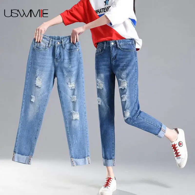 

2019 Denim Jeans Womens Fashion Casual Broken Hole Loose Waist Solid Color Comfort Crimping Prolonged Leg Length Boyfriend Jeans