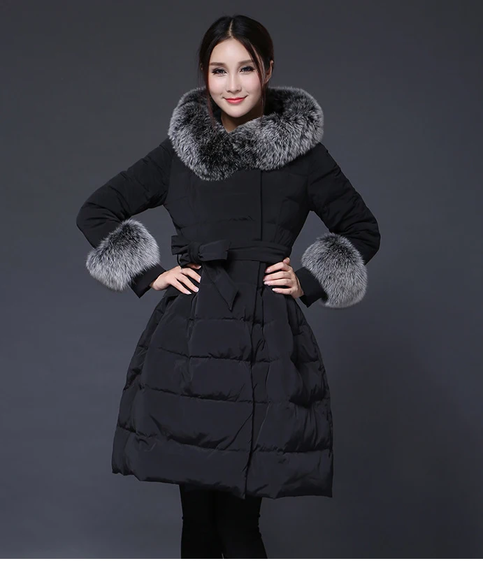 

Winter Down Coat for Women Fur Hat Black Dark Blue White Wine Red Hem Pleated Thicken plus Size Women's Winter jacket