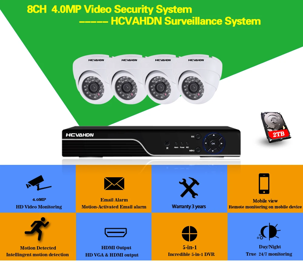 HCVAHDN 8CH CCTV Камера Системы HD 4MP AHD DVR 4 шт. 4.0MP Купол видеонаблюдения Камера Системы 8 каналов видео наблюдения комплект P2P