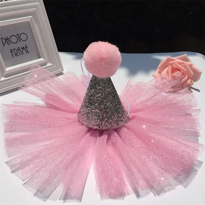 Pink Party Dogs Pet Caps With Lace Neck Wear Dog Cat Birthday Costume Sequin Headwear Hat Christmas Pets Accessories