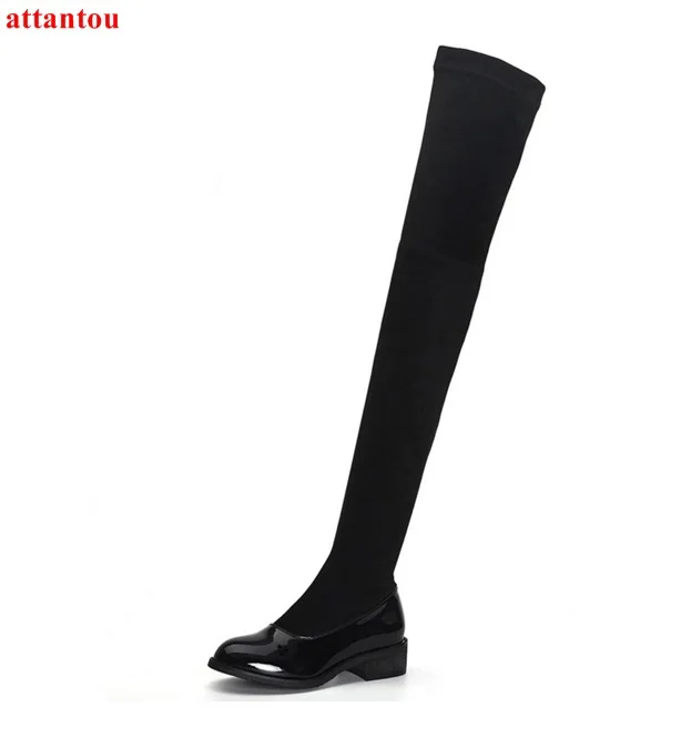 Chica Rodilla Punta Bajo Largas Negro La Picture Mujer Zapatos Parche As Del Talón Botas Elástico Otoño Redonda Cuero Femeninos Sobre De Invierno Gamuza Trabajo v7wnqA