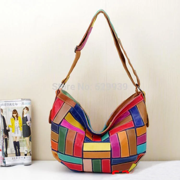 

Vintage casual bolsas first layer of cowhide patchwork genuine leather bags for women hobo bag wholesale