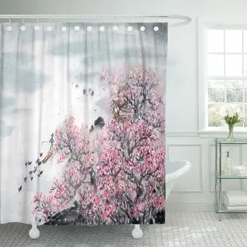 

Fabric Shower Curtain Hooks Pink Japan Chinese Landscape Painting Traditional Ink Wash Flower Japanese Lotus D