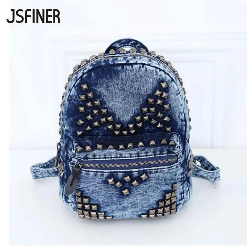 

JSFINER Women Rivet Denim Backpack Washing Wear-Resisting Softback Knapsack Female Canvas Large Capacity Preppy Soft Backpack