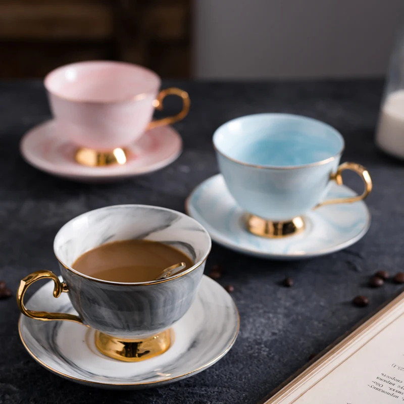 300ML Marble Texture Coffee Cup with Hat Saucer Kit Home Luxurious