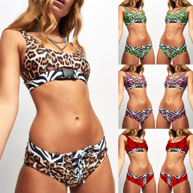 

Sexy Leopard Swimsuit Women Push-Up Padded Bra Bikini 2019 New White Pink Leopard Print Swimming Suit Women Swimwear Bikini Set