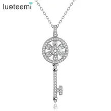LUOTEEMI Brand Luxury White Gold Color Clear Cubic Zirconia Micro Paved Pendant Long Key Necklace for