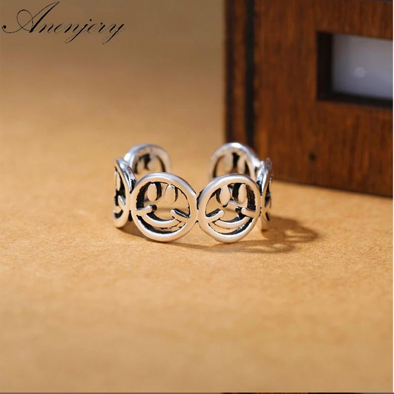 

Anenjery 925 Sterling Silver Rings For Women Thai Silver Smiley Face Opening Rings anillos de plata 925 de ley S-R272