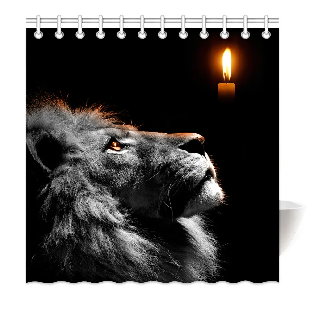 

HommomH Shower Curtain Weights Resistant Waterproof Fabric With Hooks Bathroom Lion Looking Up At Candlelight Gray