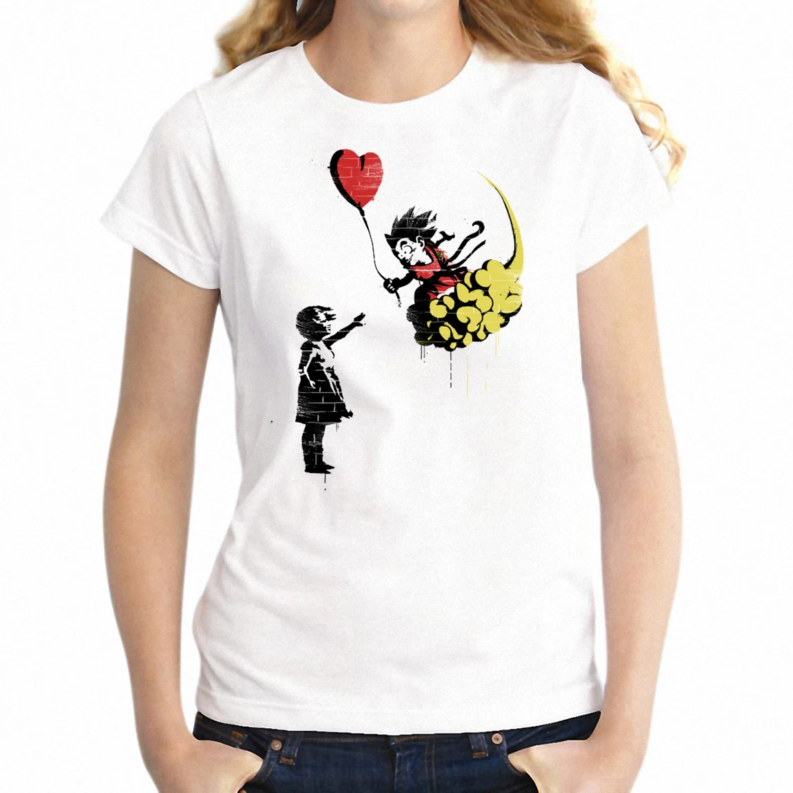 Новый Для женщин футболка Бэнкси Гоку и девушка с шар Забавный гиковская рубашка Девушки Футболка Harajuku в стиле хип-хоп футболки