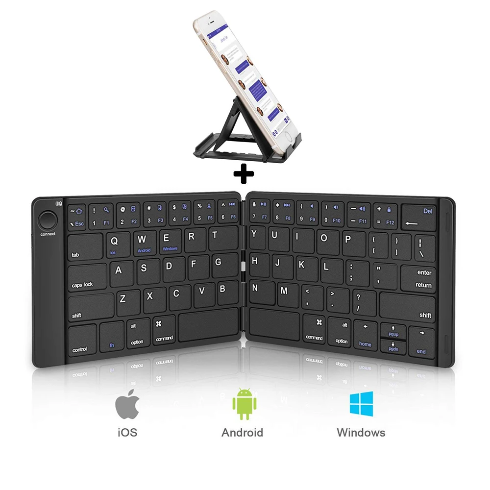 

Foldable Pocket Wireless Bluetooth Keyboard Quiet Typing Keyboard with PU Leather Case Phone Tablet Kickstand USB Charging Cable