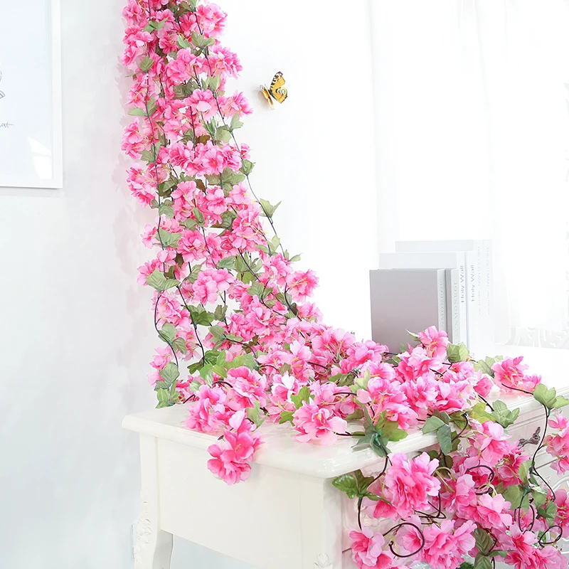 

Artificial Cherry Flower Vines Wedding Hanging Flower Fake Silk Cherry blossoms Simulation Rose Rattan Colorful
