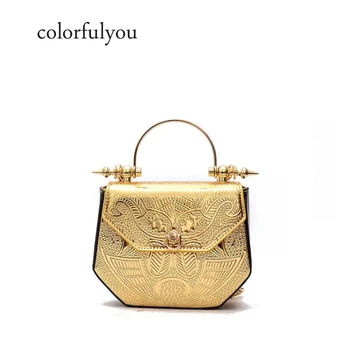 

New Fashion gold Embossing handbag women Delicate Mini PU Leather Women's totes Metal handle shoulder bag Chain Crossbody Bag