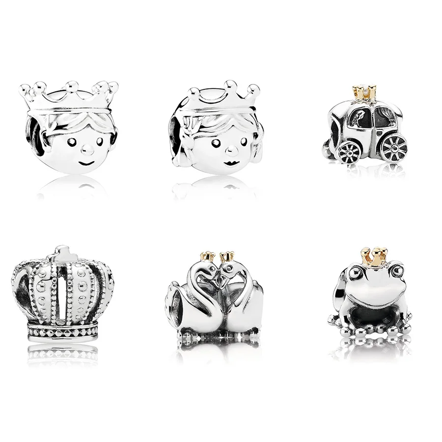 

925 Sterling Silver Fairy Tale Prince Princess White Swan FatTonny Frog Prince Crown Beads For Women Pandora Bracelets Necklace