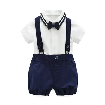 

2019Summer Boy Gentlemen Tie Suit Boys Handsome Navy Quality Cotton Clothes 3pcs Newbaby Boys Clothes Toddler Boys Clothing Set
