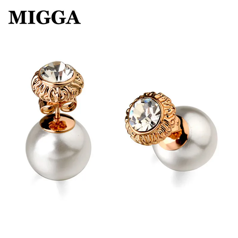 

Elegant Double Sides Earrings Rose Gold Color Simulated Pearl Back Rhinestone Stud Earrings for Women