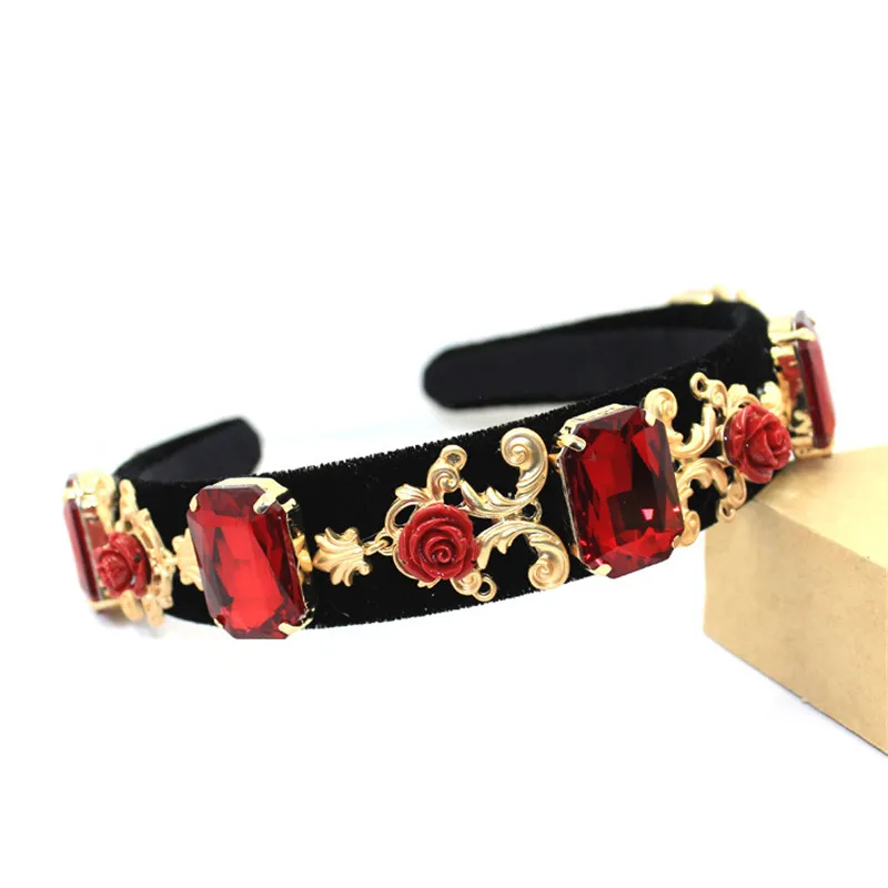 

2017 New Hot Baroque Headband Black Velvet Crown Red Crystal Jewelry Flower Wedding Hair Accessories Bridal Tiara Gift For Women