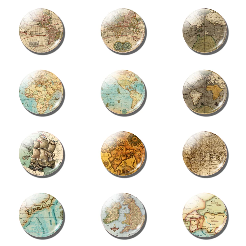 

12pcs Medieval World Map Fridge Magnet Vintage Map Glass Dome 25MM 30MM Magnetic Refrigerator Sticker NoteHolder Christmas Decor