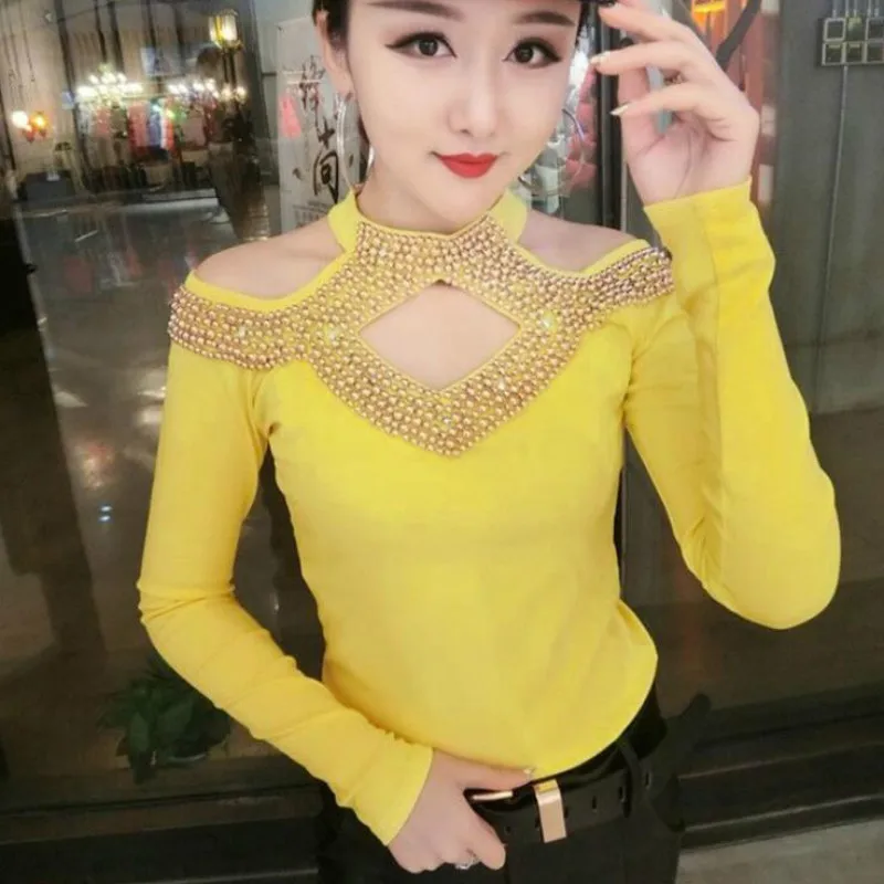 

2018 Long Sleeve Hollow Out Shoulder Sexy Bead Work T-shirts Women Sexy Hollow Out Black T-shirts Lady Bead Work Sexy Club Tops