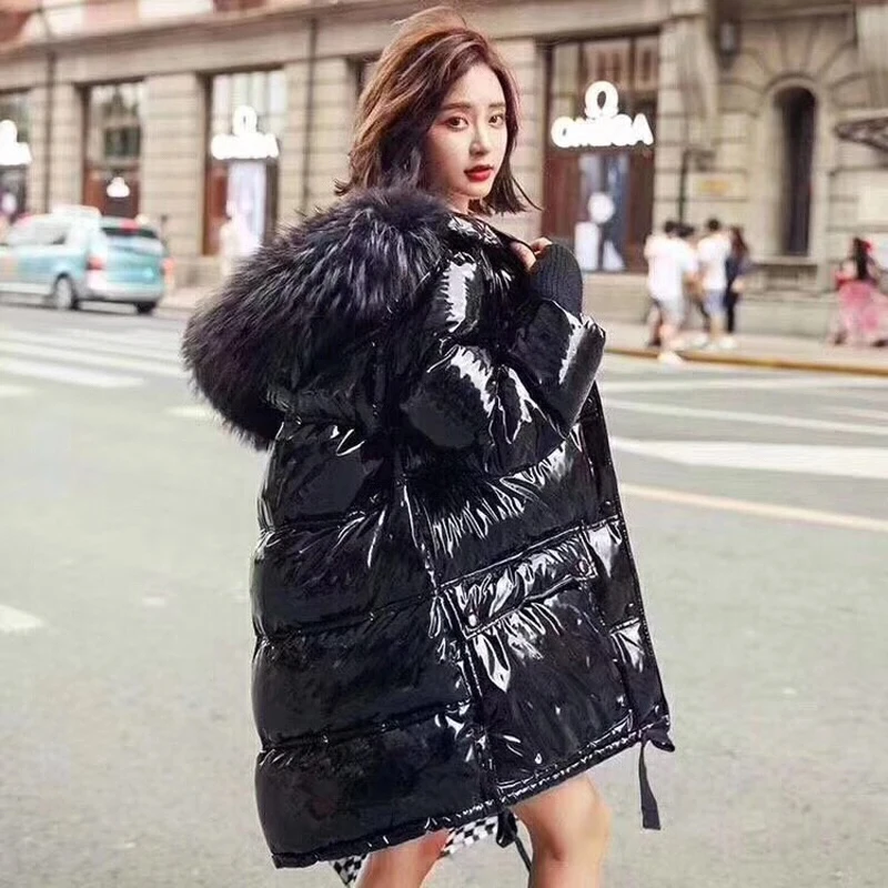 Big Raccoon Fur Collar Hooded Long Wadded Jacket Women's Winter Warm Down Jackets Large Size Loose Glossy Coats Outwear Overcoat