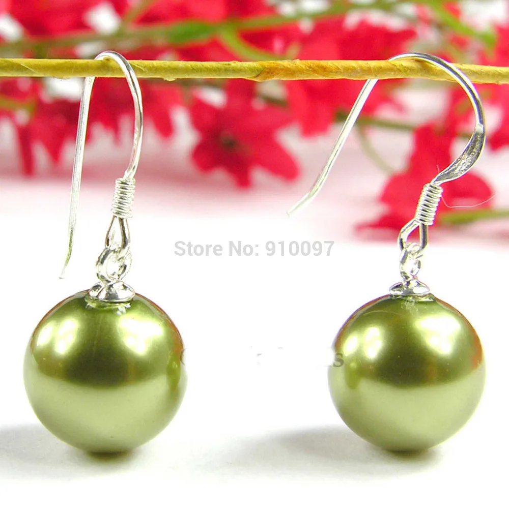 

>>>12mm Green Round Sea Shell Pearl Drop Dangle Style Earring Sterling Silver Hook