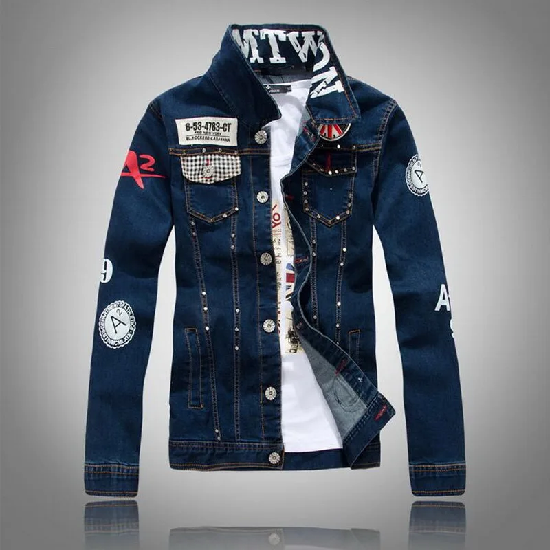 

Men's Patched Denim Jackets Fashion Jean Jacket Outerwear With Patchwork Washed Jacket Turn Down Collar Washed Denim Coat