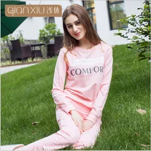 Весенне-осенние повседневные пижамные комплекты из 2 предметов с буквенным принтом для пар, Женский хлопковый пижамный комплект, женская футболка с круглым воротником+ штаны