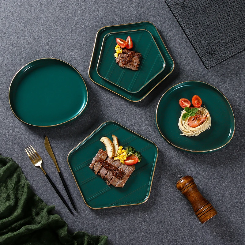 Ceramic Plates Western Food Serving Tray Luxury Gold Edge Flatware Steak Dish Creative Irregular Spaghetti Salad Dessert Plate | Дом и сад
