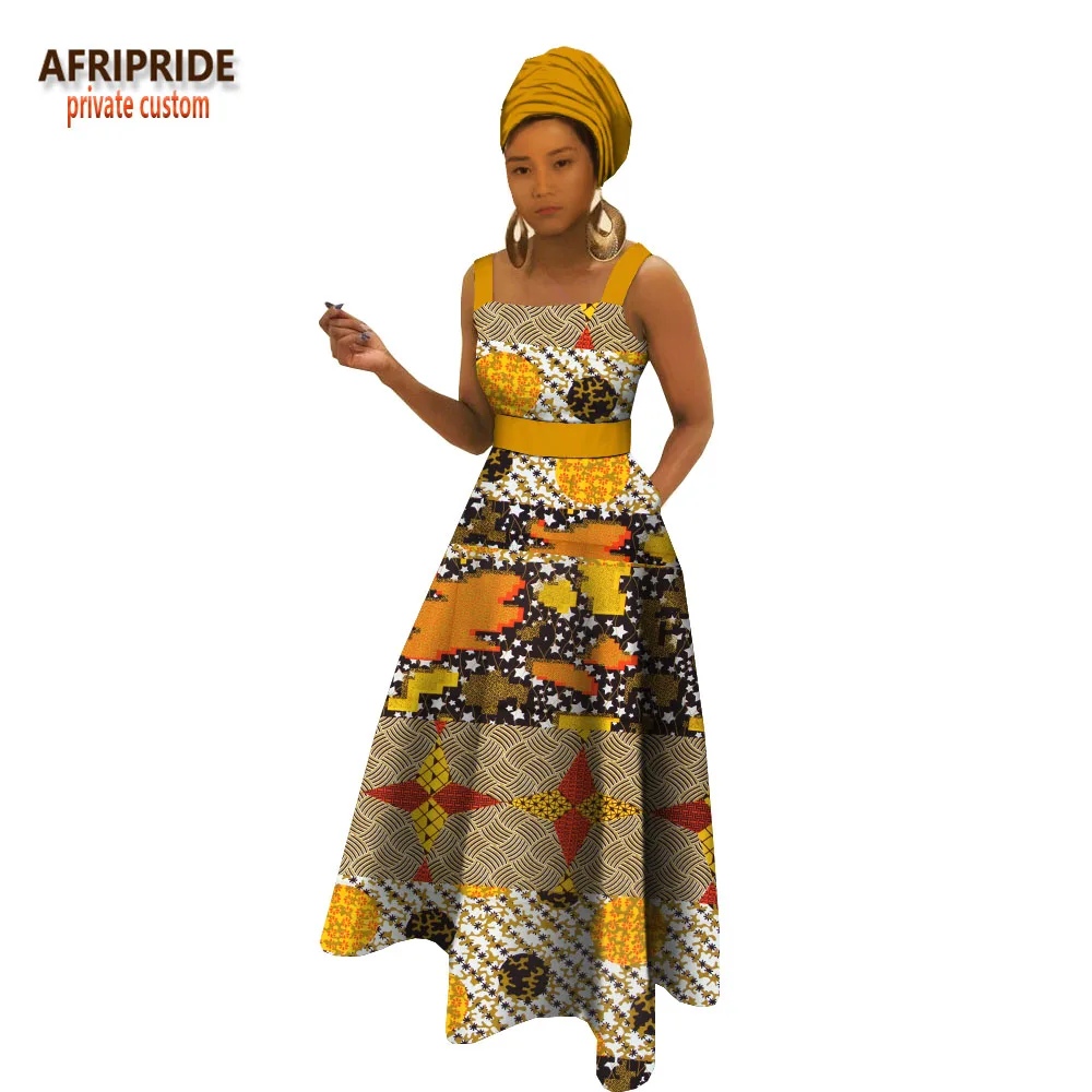 

2019 spring african maxi dress for women AFRIPRIDE square collar floor length tank women cotton dress with sashes A1825043