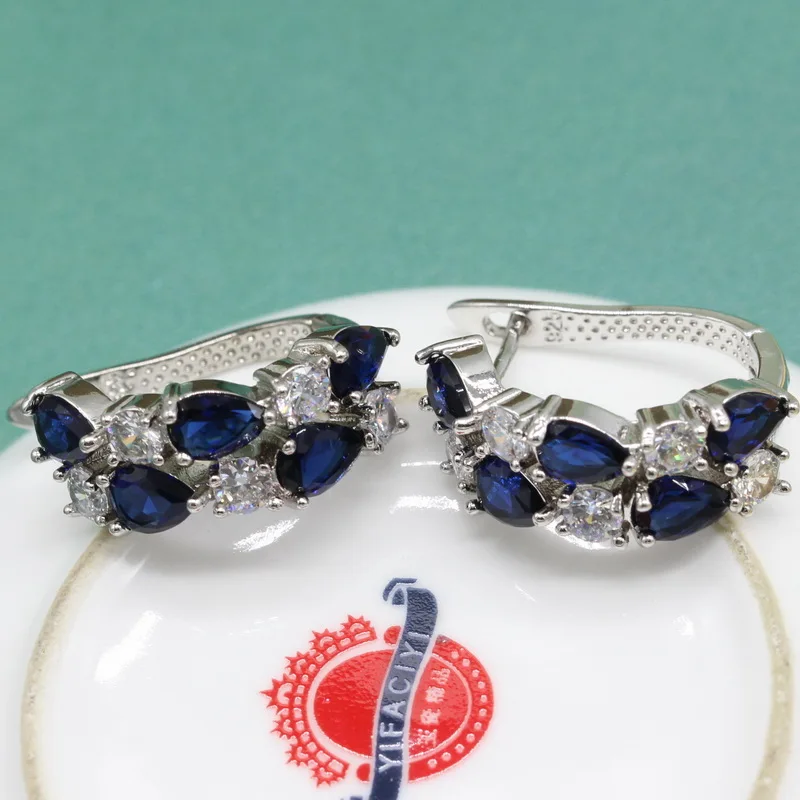 Капли воды темно-синий Цирконий 925 Серебро Свадебные Ювелирные наборы для женщин колье ожерелье Клипсы Серьги кольцо браслет подарочная коробка