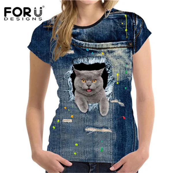 FORUDESIGNS/футболка с милым котом для женщин, Летний стиль, короткий рукав, женские футболки, 3D черный деним, с карманом, футболки для девочек, ropa mujer - Цвет: CA4916BV