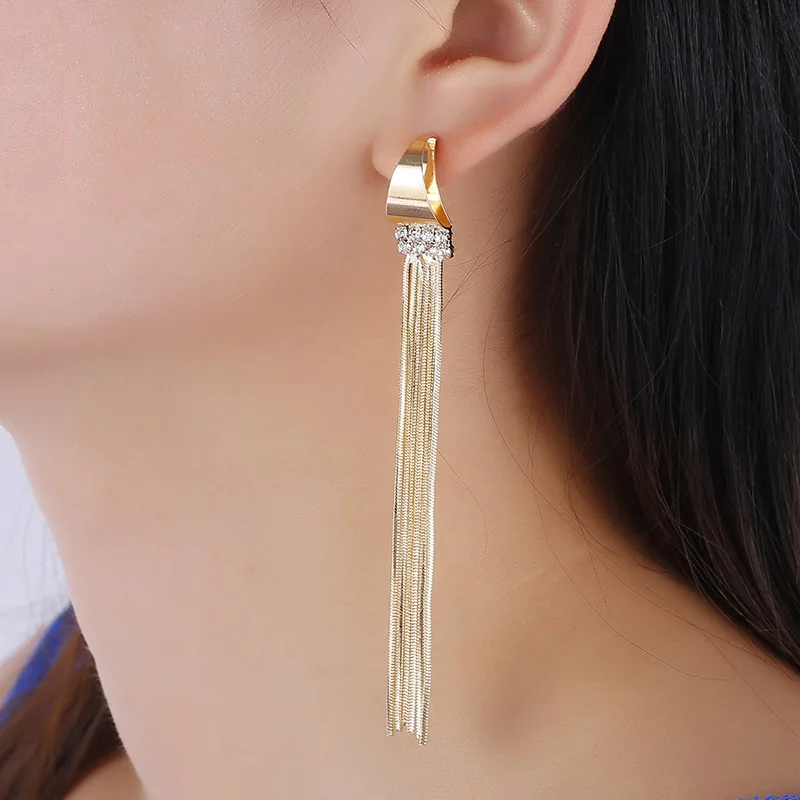 

Popular 1Pair Metal Long Geometric Golden Earring For Wedding Seaside Graceful Tassel Crystal Drop Earring New