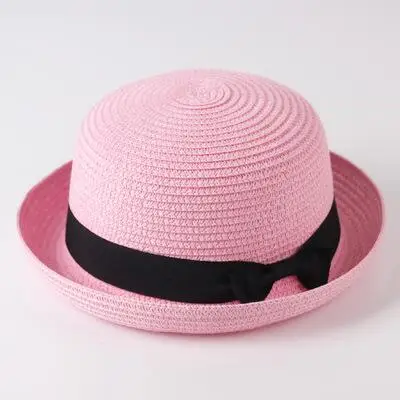 Летняя пляжная шляпа для родителей и ребенка, Женская Повседневная Панама, шляпа для женщин, Брендовая женская плоская бант края Соломенная шляпка для девочек, шляпа от солнца, 48-52-58см - Цвет: pink