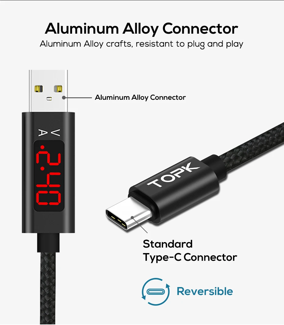 TOPK AC27 3A usb type-C кабель для передачи данных USBC кабель для быстрой зарядки напряжение и ток дисплей USB-C кабель для samsung S9 S8 redmi note 7