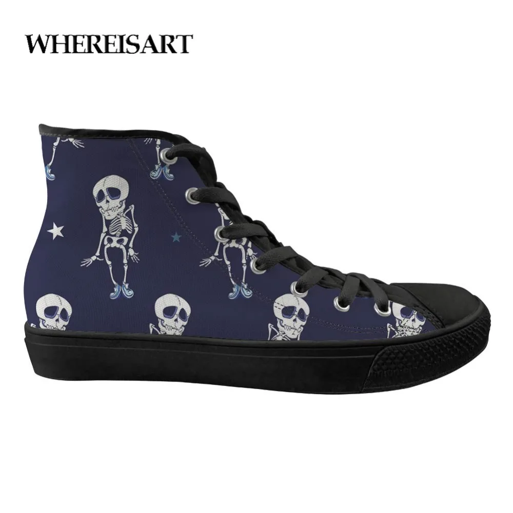 

WHEREISART Vintage Style Men's VulcanizedShoes Printing Men's High To Help Casual Dancing Skeleton Print Teen Boys Canvas Shoes