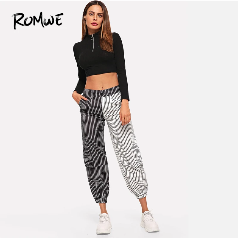 ROMWE брюки в полоску с контрастной панелью модные весенние осенние укороченные брюки с эластичной талией черные и белые женские брюки со средней талией