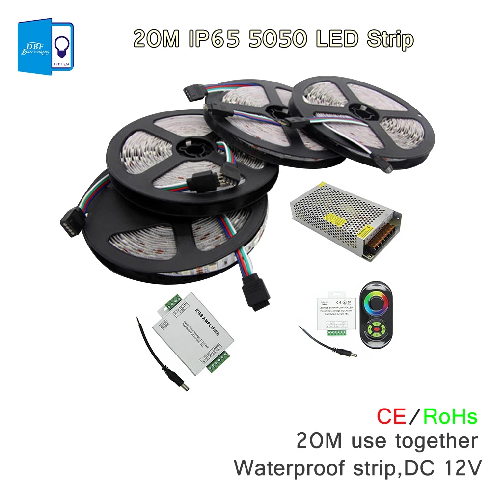

[DBF]20M Waterproof SMD5050 RGB LED strip light 60Leds/M Flexible +18A Wireless Touch Remote Controller+24A Amplifier+20A Power