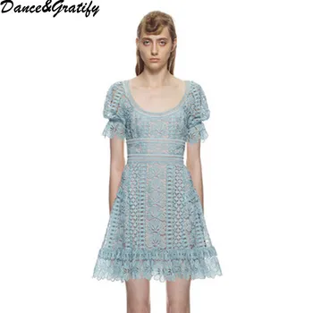 

2018 Summer Self Portrait Runway Dress Short Puff Sleeve ladies Short Lace Party Dresses Women vestido de festa
