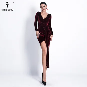 

Missord 2019 Women Sexy V Neck Long Sleeve Lace-Up Dresses Female Solid Color Elegant Bodycon Dress FT18657