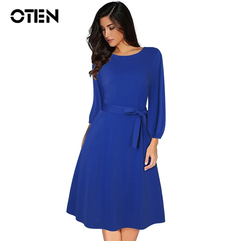 

OTEN Women Vintage 1950s 3/4 Sleeve Dress Wear to Work A-line Boat Neck Knee Length Swing Party Dress with Belted