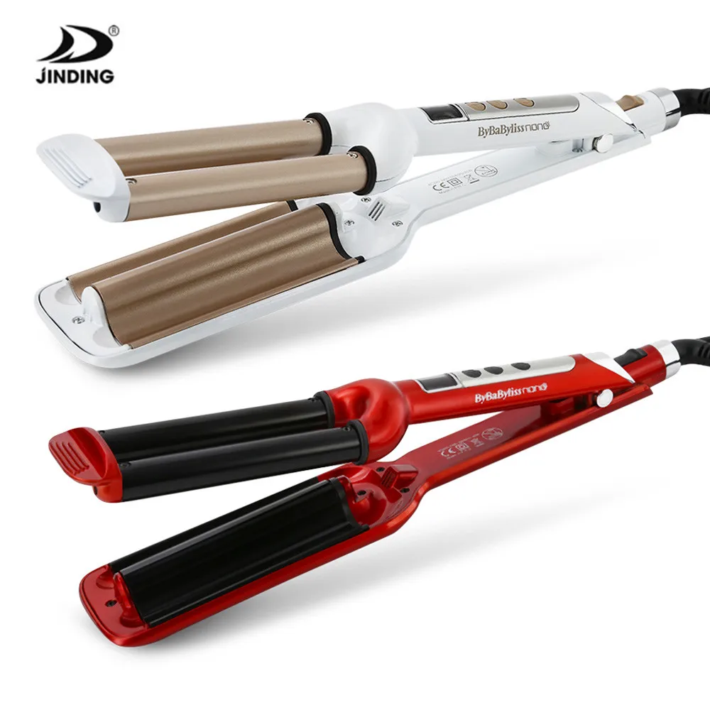 

JINDING Professional 210-240V Electric Ceramic LED Digital Curling Iron Three-Tube Rotating Curler Hair Curlers Styling Tools
