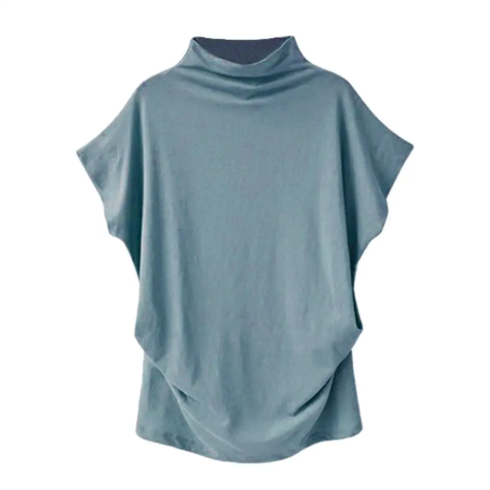 Light blue Женская Повседневная водолазка с коротким рукавом, хлопковая однотонная Повседневная Блузка для девочек, топ, рубашка для женщин, большие размеры, модная однотонная Одежда для девочек - Цвет: Light blue