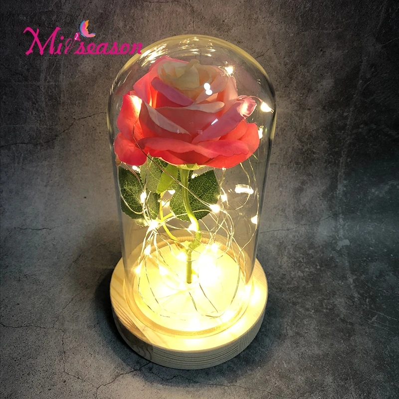 5 цветов Красота и чудовище Роза в стеклянном куполе на деревянной основе для подарков на день Святого Валентина украшение стола вечные цветы