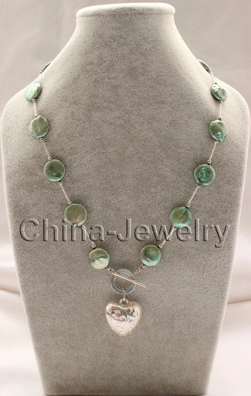 

shipping 18" 15-17mm green coin freshwater pearl necklace & heart shape pendant