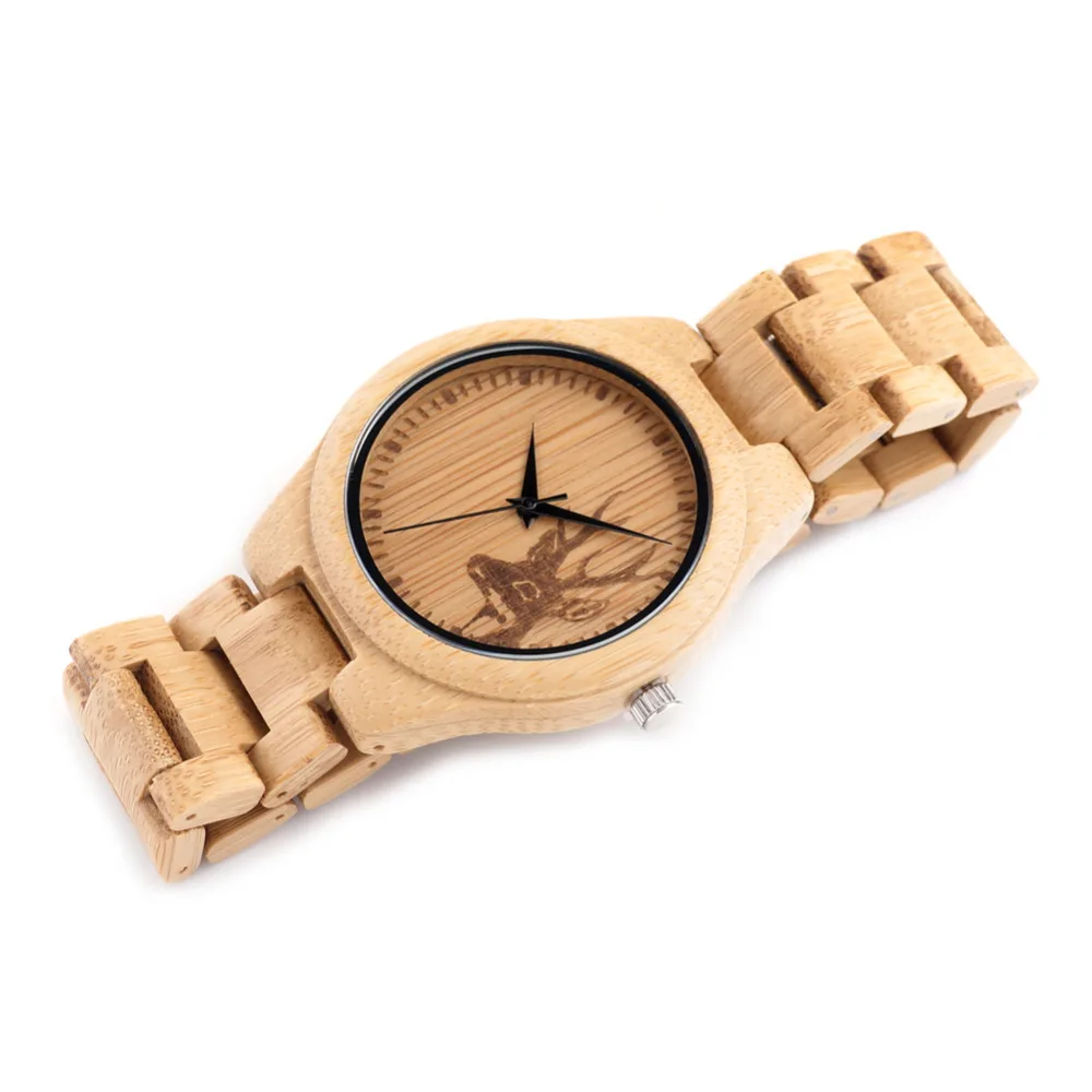 BOBO BIRD V-D28 Wooden Mens Watch Engraving Reindeer Design Bamboo Quartz Clock With Folding Clasp reloj de los hombres