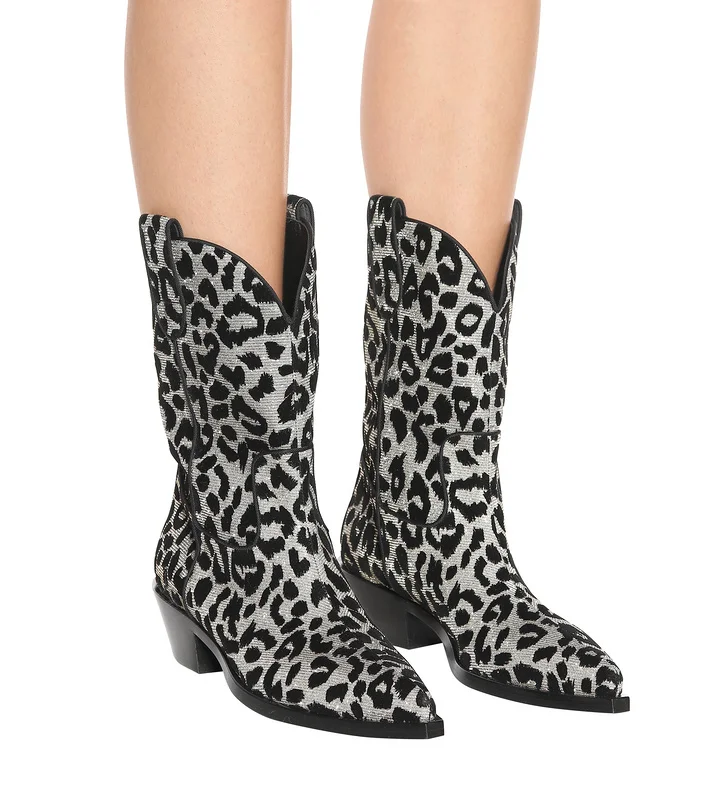 

New Style Women Sexy Leopard Pointed Toe Winter Booties Flock Leather Slip On Mid-Calf Boots Rome Style Middle Square Heel Shoes