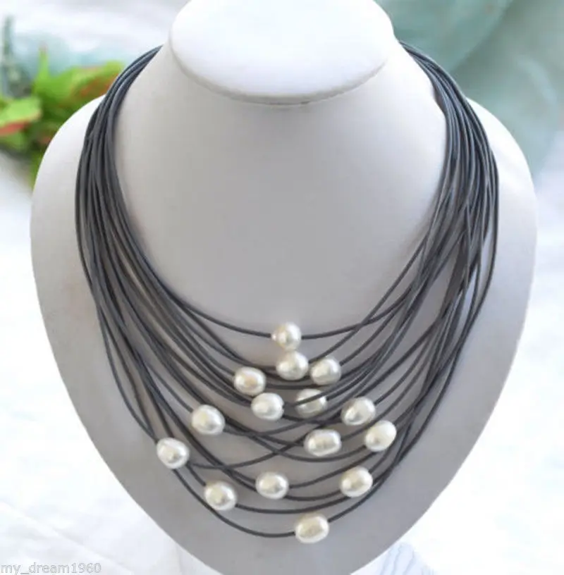 

Hot sale new Style >>>>> Natural 11-13mm White Rice Freshwater FW Pearl Black leather necklace
