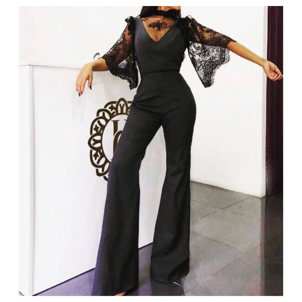 

Elegant Lace Black Jumpsuit Long Pants Casual Half Sleeve O Neck Female Jumpsuit Women Jumpsuit Slim Sexy Perspective Overalls