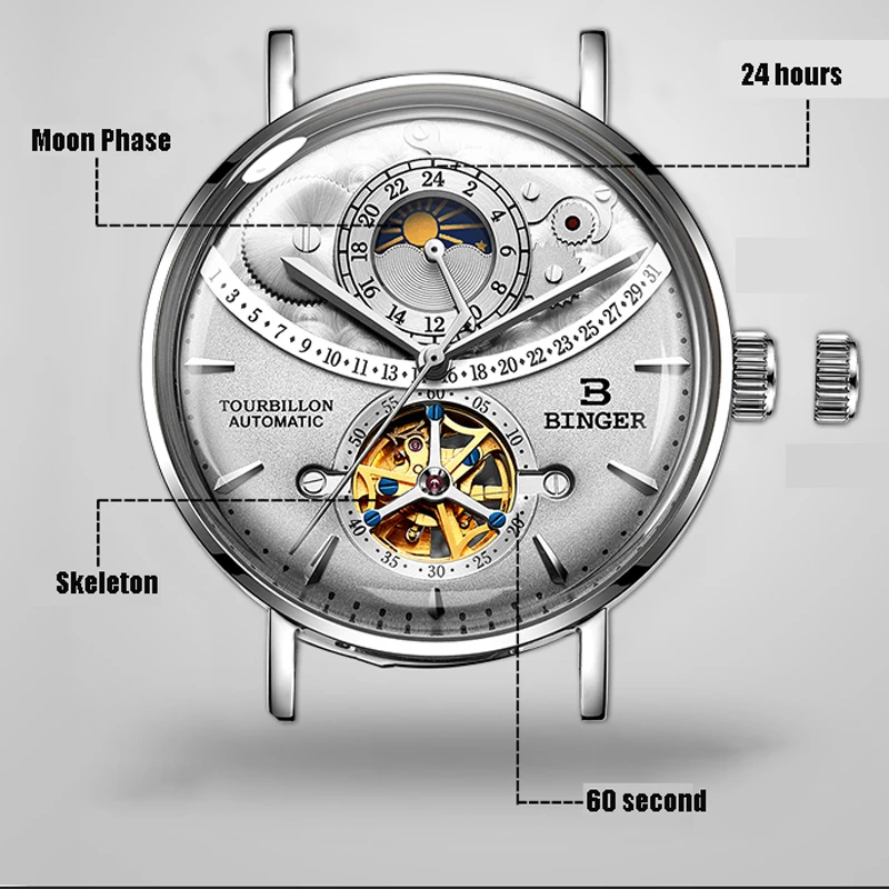Водонепроницаемые 50 м Moon Phase Мужские часы Роскошные турбийон военные часы 24 часа сапфир повседневные автоматические механические часы Новые