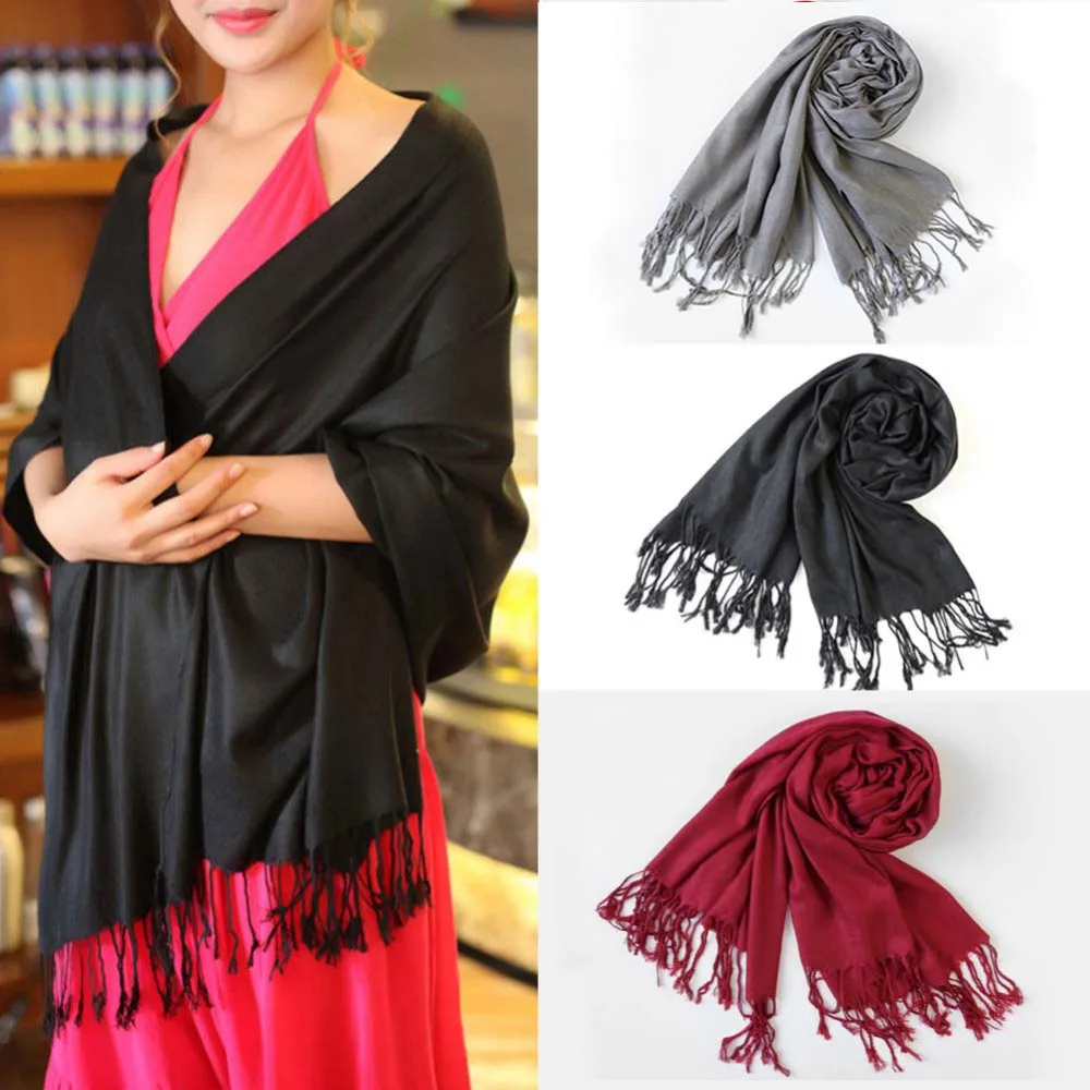 

2019 New Solid Color Women Winter Warm Cashmere Silk Solid Long Pashmina Shawl Wrap Scarf 180x70cm Chenmanfengcai